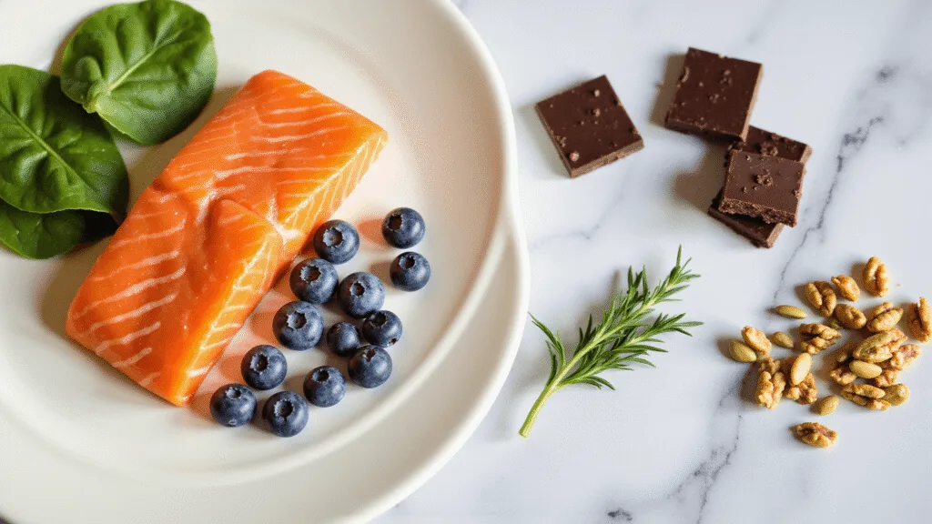 "Brain-boosting ingredients including fresh salmon, blueberries, walnuts, dark chocolate, spinach leaves, and pumpkin seeds displayed on a marble countertop under natural morning light."