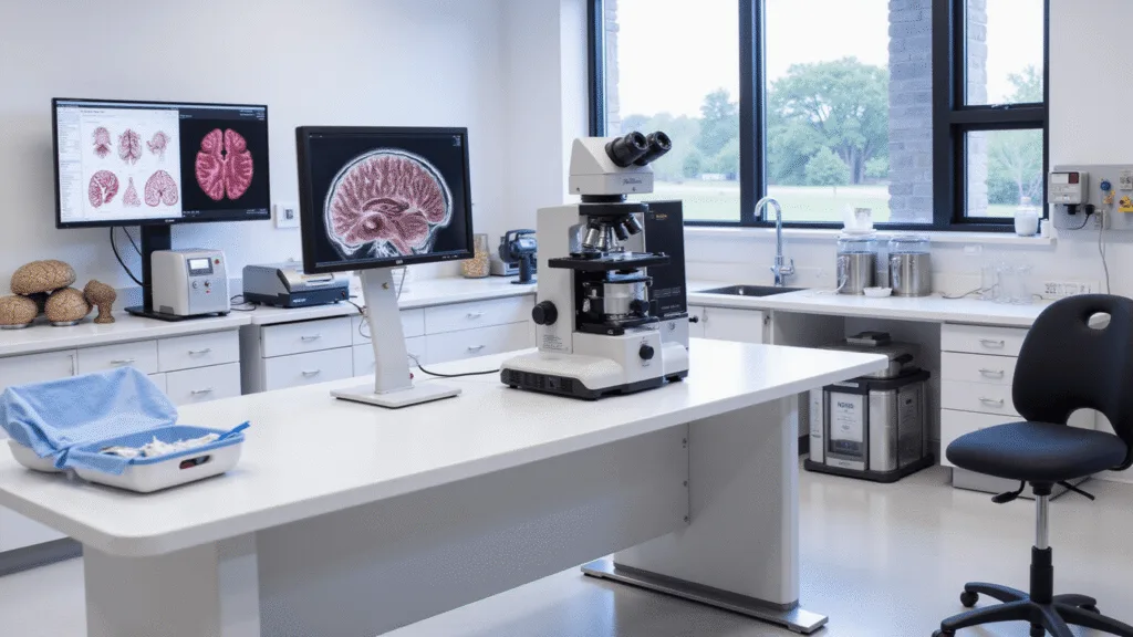 "Clinical laboratory with high-tech microscope displaying brain tissue, surrounded by medical research equipment, brain models, and scientific illustrations in cool morning light."