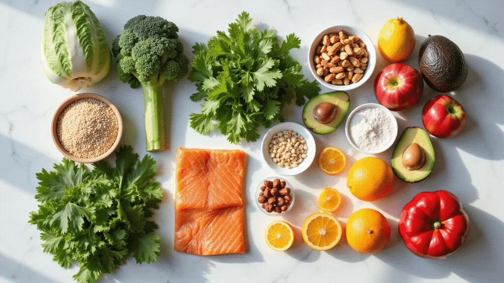 "Cancer prevention foods, including colorful vegetables, fruits, nuts, whole grains, and salmon, arranged on a white marble surface under bright natural lighting"