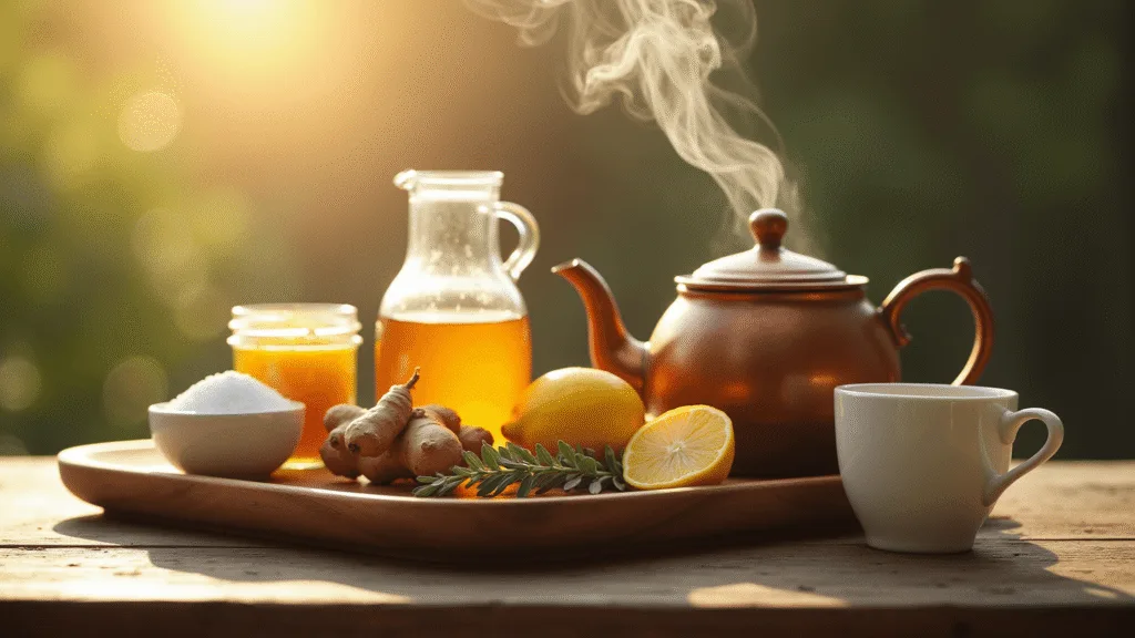 "Wellness corner with natural remedies for bronchitis including a steaming kettle, honey, turmeric, ginger, lemons, and eucalyptus on a wooden surface"