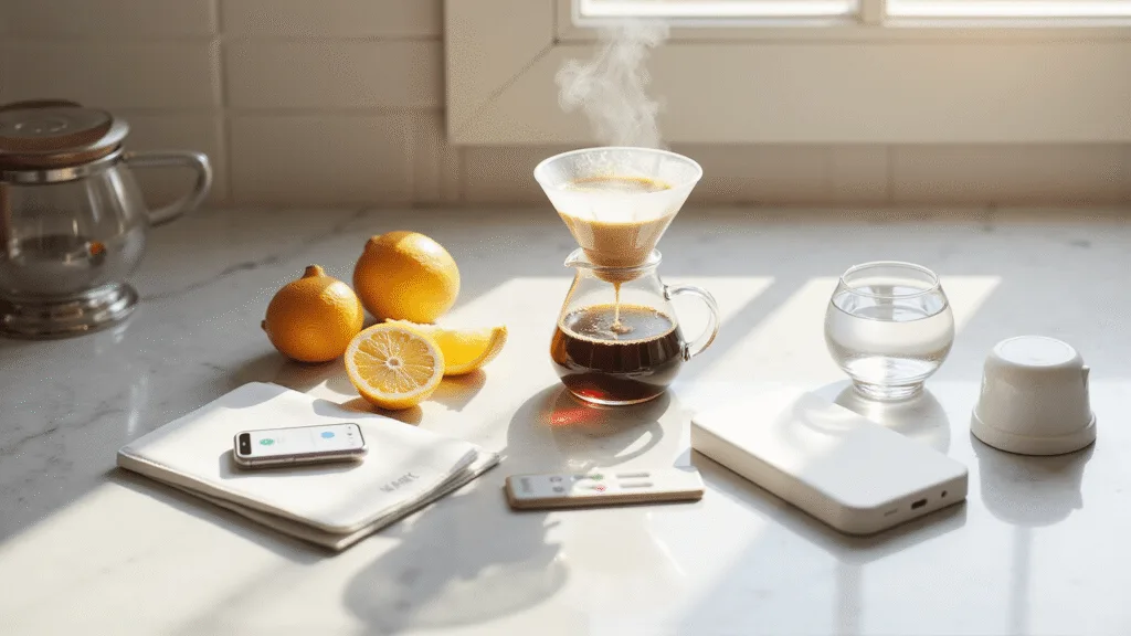 "Pour-over coffee setup with cortisol testing kit, wellness tracker, mindfulness journal, and stress-monitoring app on smartphone in a bright, modern kitchen"