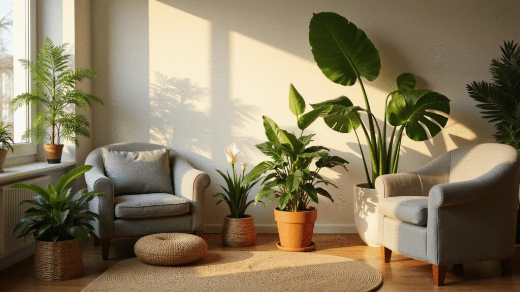 "Sunlit living room corner with philodendrons, peace lilies and snake plants, alongside a gray armchair and meditation cushion on a jute rug"