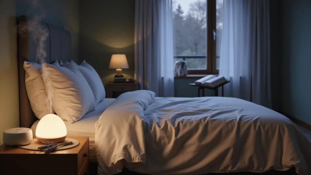 "Serene bedroom with lavender diffuser, dim lighting, and cozy reading nook"