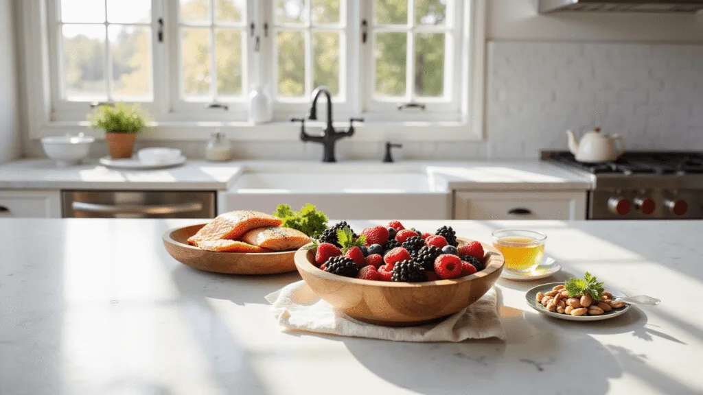 "Cancer-fighting foods including berries, salmon, and nuts in a sunlit farmhouse kitchen"