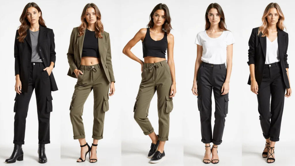 "Models showcasing diverse styles of cargo pants against a clean white background"