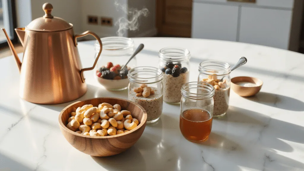 "Handcrafted wooden bowl of fresh cashews with mason jars of overnight oats topped with berries and honey on a white marble countertop in a modern kitchen during golden hour."
