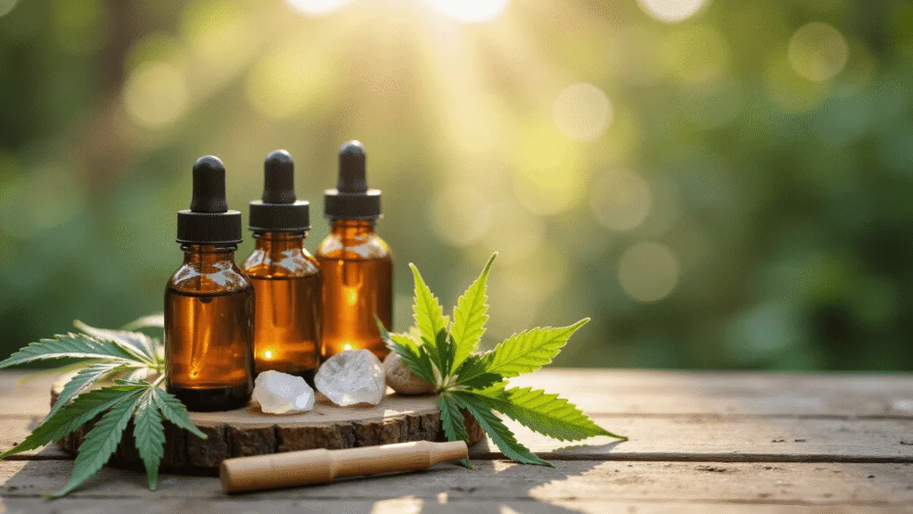"CBD oil tincture bottles with hemp leaves and healing crystals on a wooden surface under warm natural lighting"