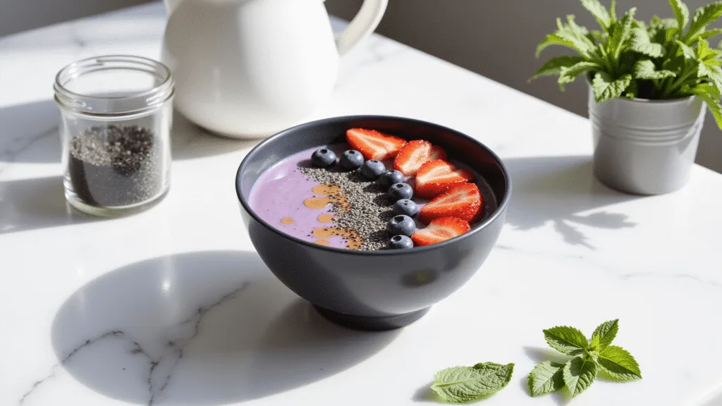 "Vibrant smoothie bowl with chia seeds, berries, and honey on a marble surface in natural morning light"