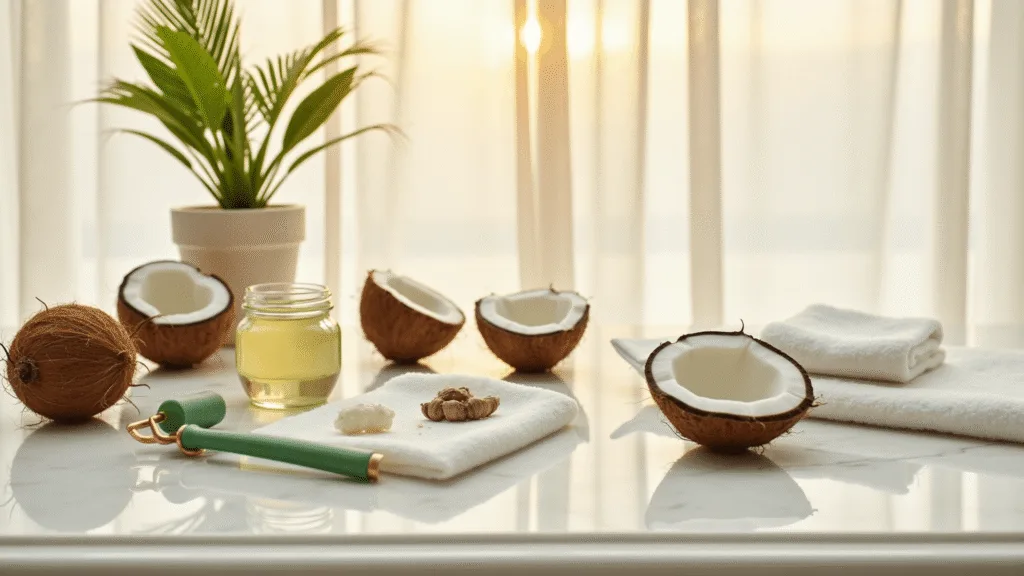 "Virgin coconut oil in a glass jar on a marble vanity, surrounded by spa essentials like fresh coconuts, jade roller, and organic cotton cloths in golden hour lighting"