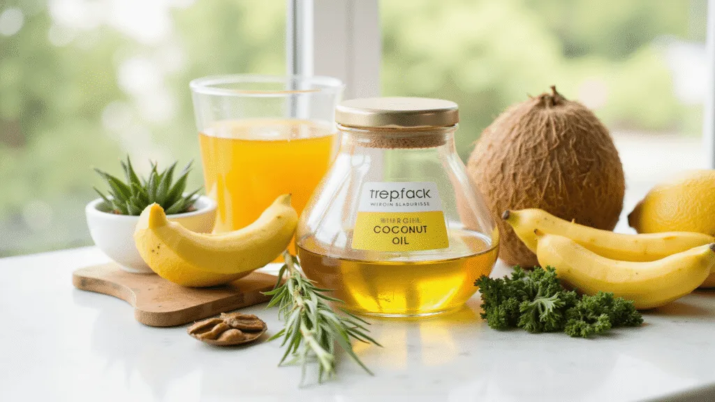 "Glass jar of virgin coconut oil with fresh tropical fruits and herbs on a bright marble surface, illuminated by warm morning light"