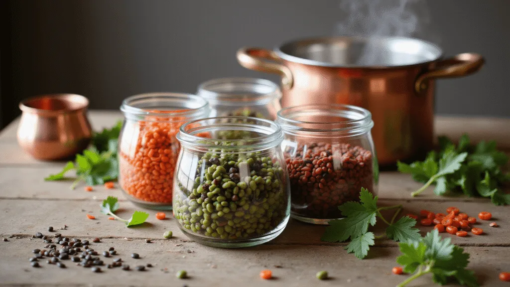 "Assorted lentils in glass jars with fresh herbs and copper measuring cups on a rustic table, with steam rising from a pot of cooked lentils"