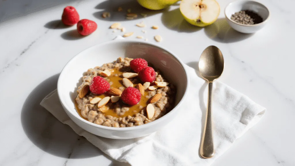 "Steaming oatmeal with raspberries, almonds, and honey on a marble countertop, under morning sunlight with pears and chia seeds in the background."