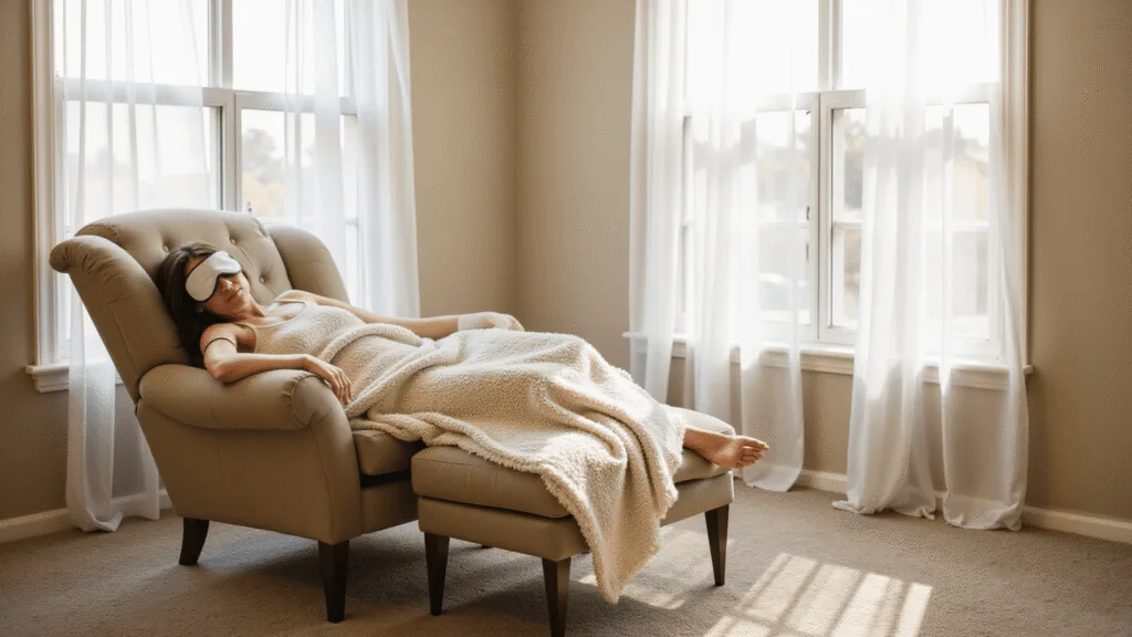 "Cozy corner with a reclined chair and plush blanket, an eye mask on the side, sunlight filtering through sheer curtains creating a zen atmosphere for a power nap."