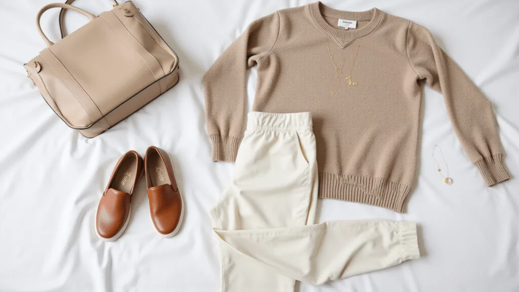 "Cozy luxurious outfit with oatmeal cashmere sweater, cream joggers, leather sneakers, gold jewelry, and beige tote bag on white bedding in soft morning light"