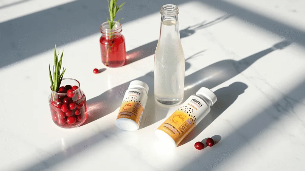 "Flatlay of wellness essentials including water bottle, fresh cranberries, vitamin C, probiotics, and D-mannose powder on a marble surface"
