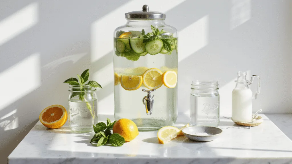 "Glass water dispenser filled with cucumber-mint water, fresh citrus fruits and hydration essentials on a white marble countertop in morning sunlight"