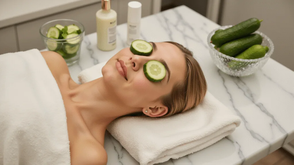 Woman relaxing at a high-end spa with cucumber slices on her eyes, set in a serene environment with a crystal bowl of fresh cucumbers, mint infused water, and minimalist skincare bottles on a clean marble vanity.