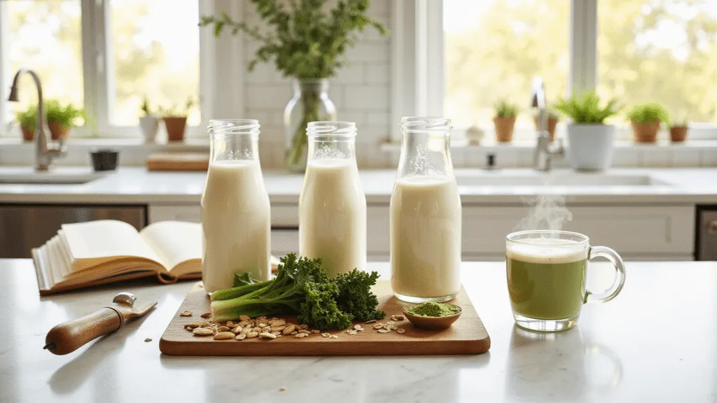 "Marble kitchen countertop with glass bottles of oat, almond and coconut milk, fresh herbs on the windowsill, and a steaming oat milk matcha latte next to an open journal, amidst ingredients like kale and almonds on a cutting board."