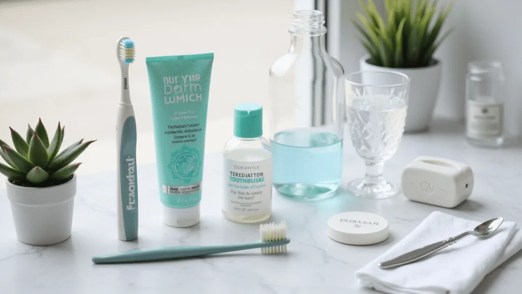 "Dental care essentials including soft-bristled toothbrush, fluoride toothpaste, dental floss, and mouthwash on a marble countertop in morning light."