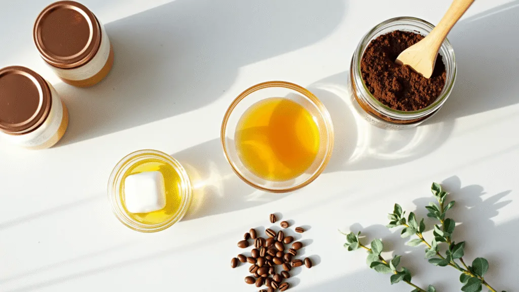 "DIY coffee body scrub ingredients including coffee grounds, honey, and coconut oil on a marble countertop under natural sunlight"