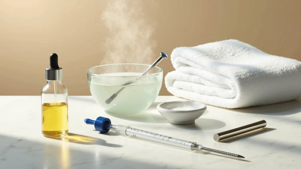 "Ear care supplies including a glass dropper bottle with olive oil, hydrogen peroxide in a ceramic dish, white cotton towels, a blue rubber bulb syringe, and steaming water bowl on a marble counter in soft morning light."