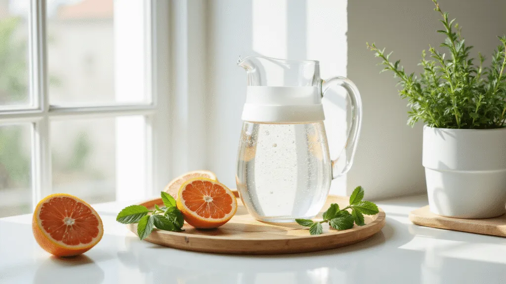 "Sustainable hydration station with filtered water in glass carafe, citrus slices, mint leaves on bamboo tray, and potted herbs in natural morning light"