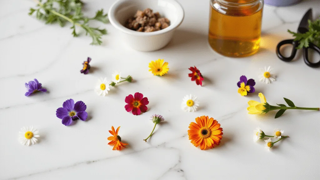 "Artfully arranged edible flowers on a marble surface with honey-infused jars and crystallized violets in a garden setting"