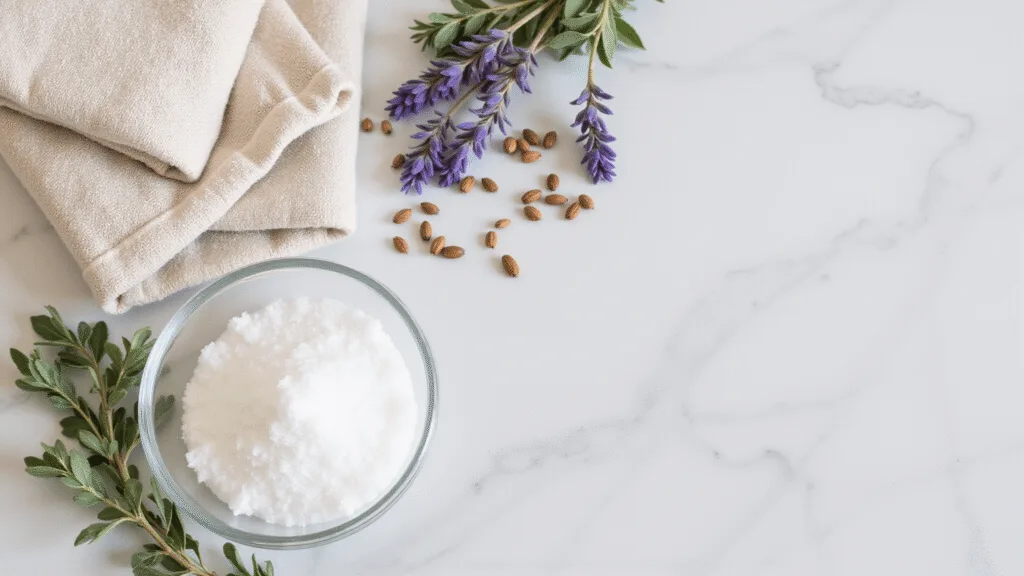 "Epsom salt crystals in a clear bowl, dried lavender buds, fresh eucalyptus sprigs, and linen towels on a marble surface under soft morning light"