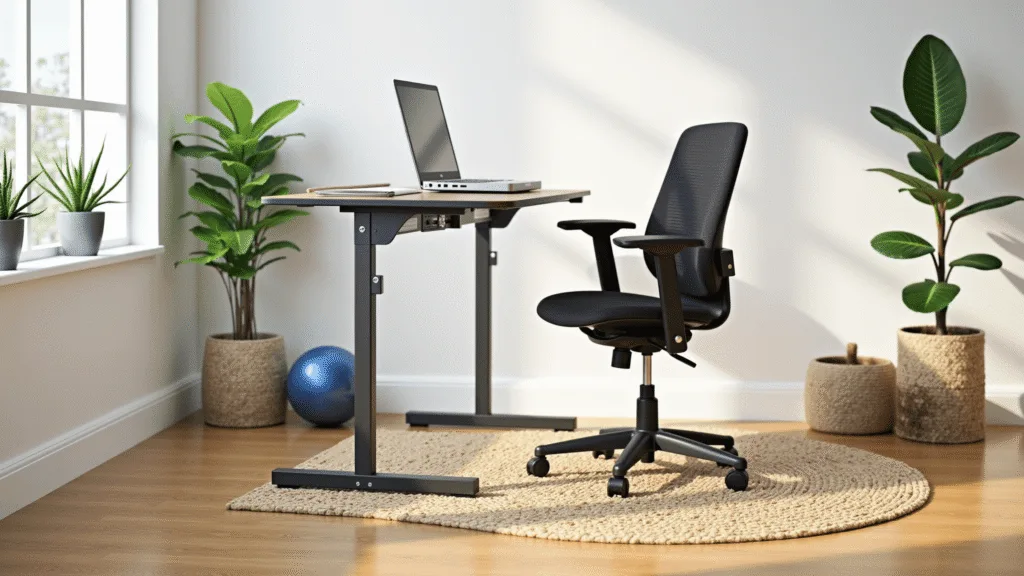 "Ergonomic home office with standing desk, succulents, fitness ball, and natural sunlight"
