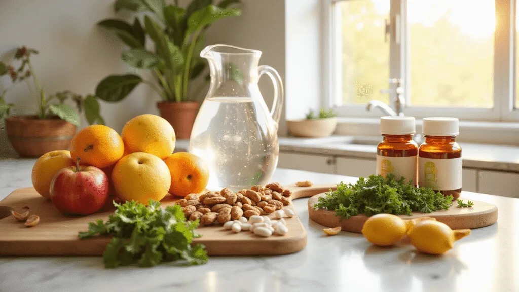 "Sunlit modern kitchen with colorful fruits, greens, nuts, and vitamin bottles on a marble countertop, next to a water pitcher"