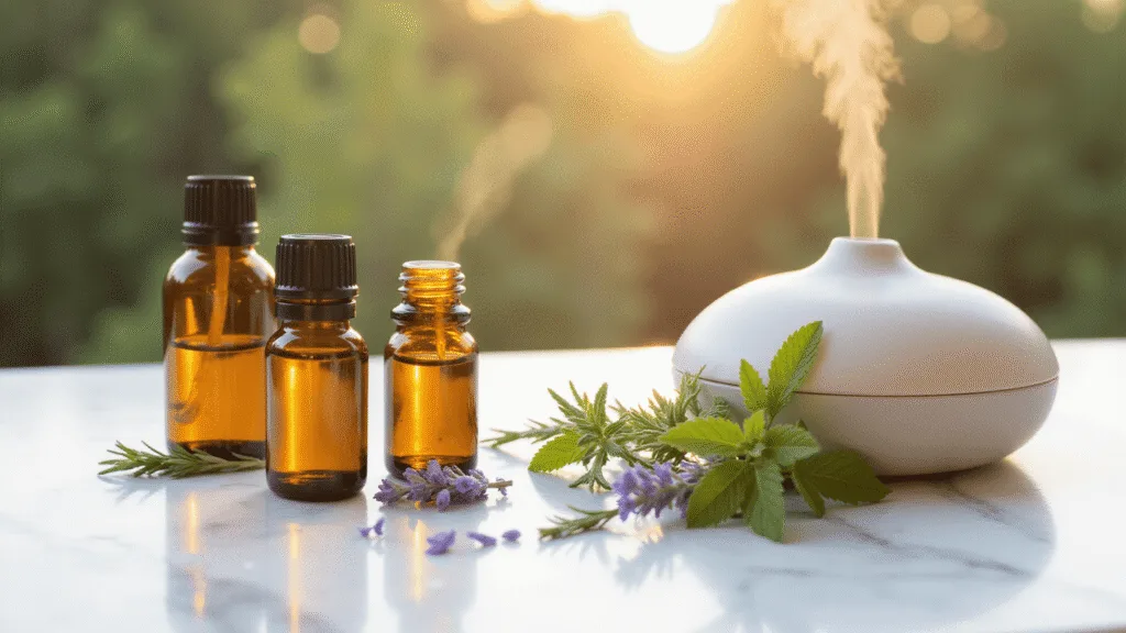 "Amber bottles of essential oils on marble counter with fresh herbs, diffuser mist, and golden hour sunlight."