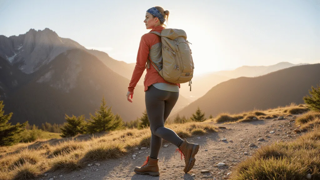 "Female hiker in a sage green base layer and charcoal leggings with rust jacket, against a sunlit mountain trail backdrop during golden hour"
