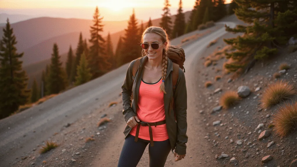 "Female hiker wearing technical layered outfit on a sunset mountain trail"