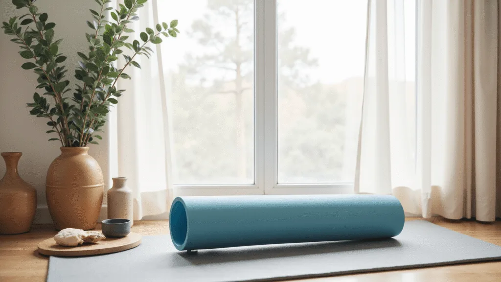 "Blue foam roller on grey yoga mat in calming wellness corner with natural morning light, eucalyptus plant and bamboo accessories in earth tones"