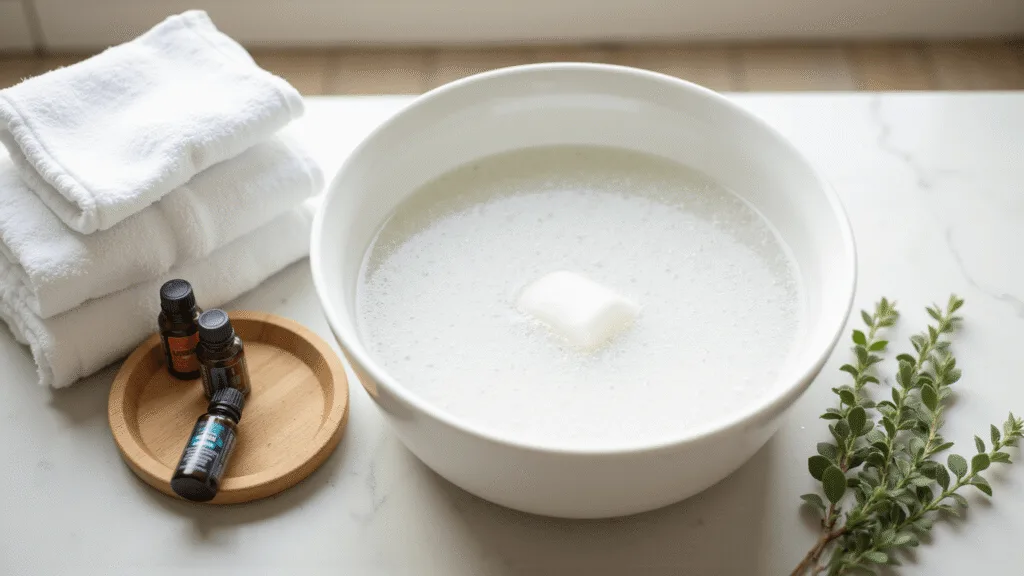 "Foot spa setup with Epsom salt soak, essential oils, and fresh eucalyptus on a marble surface in natural sunlight"