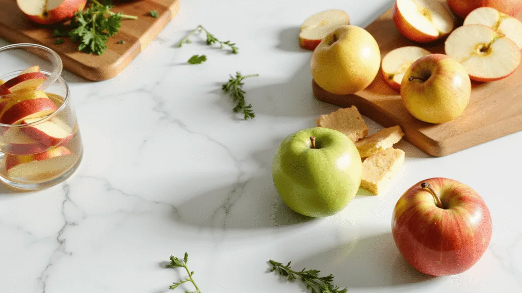 "Varieties of apples displayed on a marble countertop, with some sliced and garnished with green herbs, beside a wooden cutting board and a glass of water with apple slices."