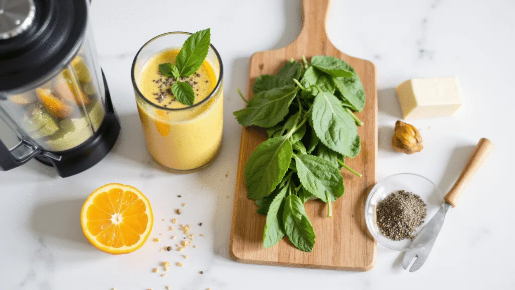 "Fresh spinach and fruit smoothie preparation with blender and wooden cutting board on a marble countertop"