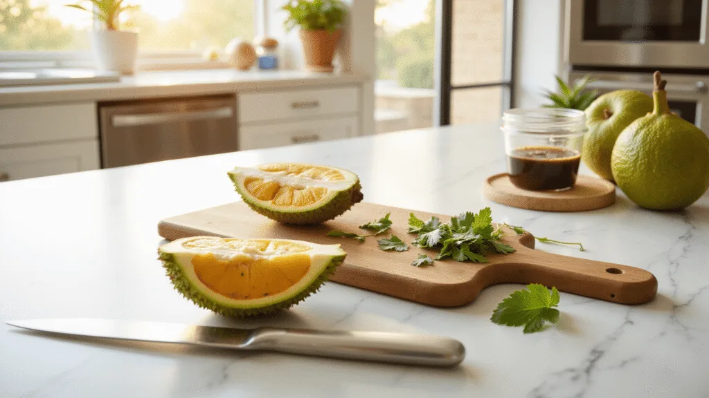 "Fresh halved jackfruit and tropical ingredients on a white marble countertop under morning sunlight"