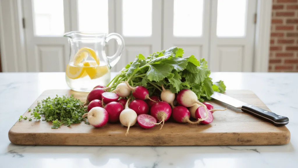 "Fresh radish harvest on wooden board in a bright kitchen with natural sunlight, vintage knife, water pitcher with lemon slices on marble countertop"