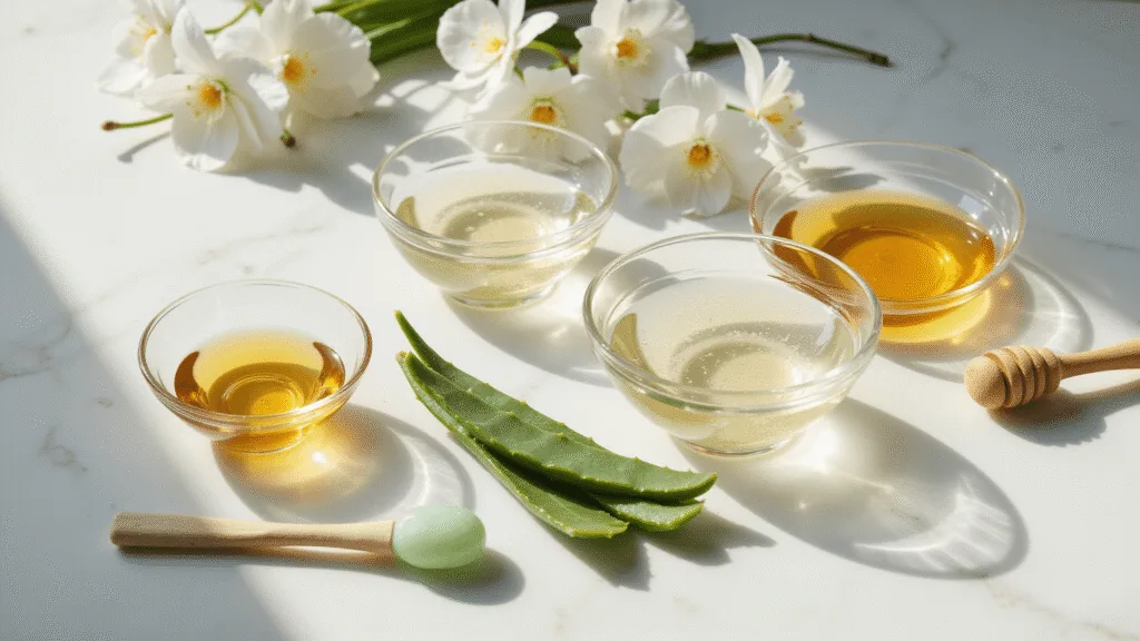 "Natural skincare ingredients including honey, rice water, and aloe vera on a sunlit marble countertop with jade facial tools and white orchids"