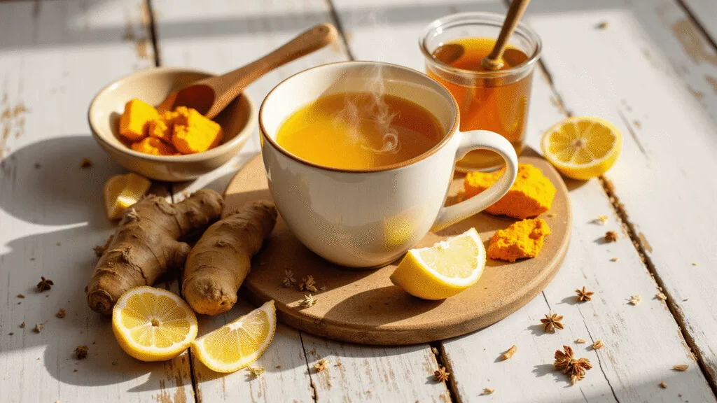 "Steaming mug of turmeric tea with ginger, honey, and lemon on a rustic wooden table in morning light"