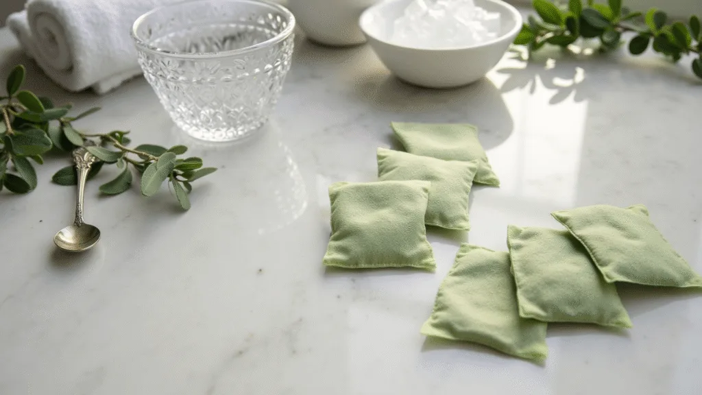 "Green tea bags on marble bathroom counter with crystal teacup, ice bowl, eucalyptus sprigs, and rolled towels in serene morning light"