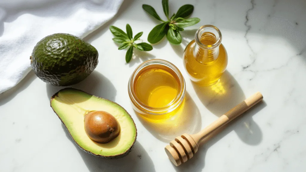 "Ingredients for organic hair mask including avocado, honey, and olive oil on marble countertop under natural sunlight"