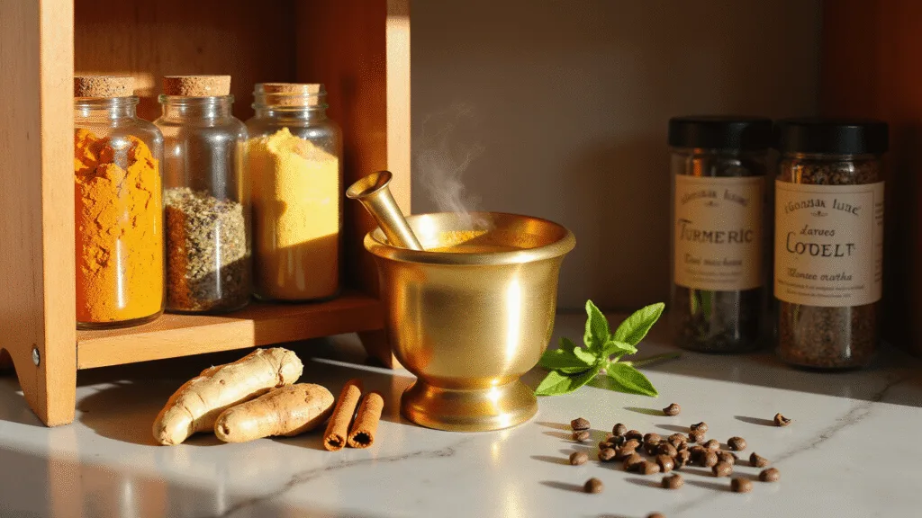 "Sunlit spice rack with turmeric, ginger, cinnamon, and herbs, brass mortar and pestle, and golden milk on marble countertop"