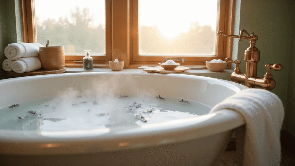 "Serene bathroom with a sitz bath filled with lavender and Epsom salts, bamboo accessories, and warm golden light"