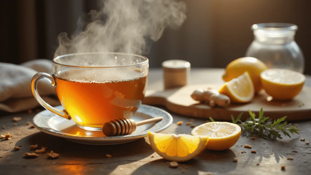 "Steaming cup of herbal tea with honey, ginger, and lemon on a rustic wooden table in soft morning light"