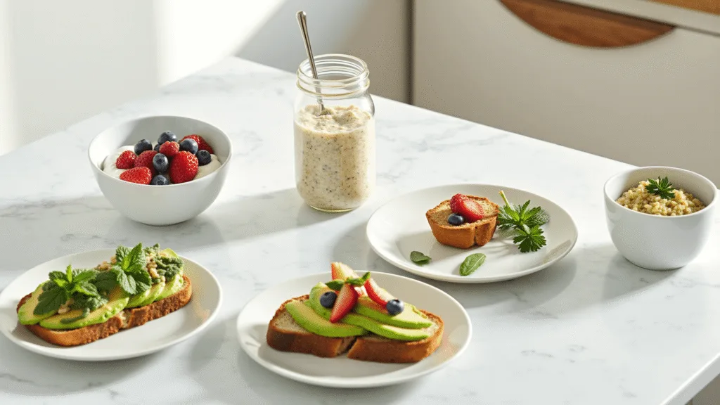"Healthy breakfast spread on a marble countertop including Greek yogurt with berries, avocado toast, and overnight oats bathed in fresh morning sunlight."