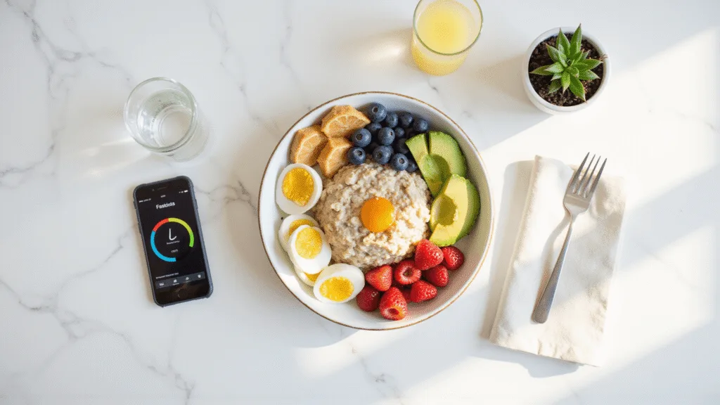 "Healthy breakfast spread with oats, berries, avocado, boiled eggs, and lemon water in morning light with fasting app on smartphone"