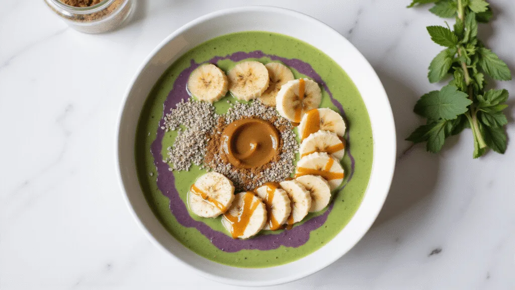 "Hemp seed smoothie bowl with almond milk, banana and spinach on a marble countertop"