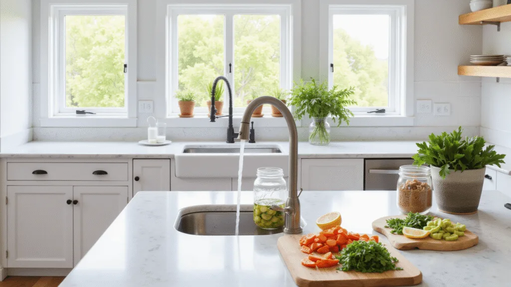 "Modern kitchen with marble countertops, organic produce, mason jars of lemon water, chopped vegetables on wooden cutting boards, and potted herbs on windowsills"